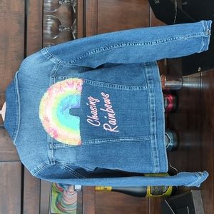 H&M Girls Blue Jean Jacket Rainbow, Size 7-8Y,